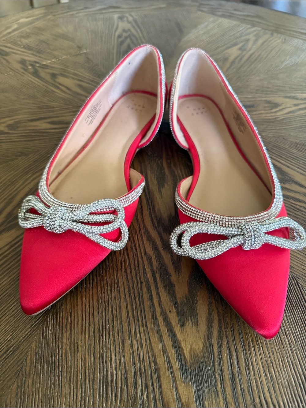 a new day Red Pointed Satin Flats with Crystal Bow Trim